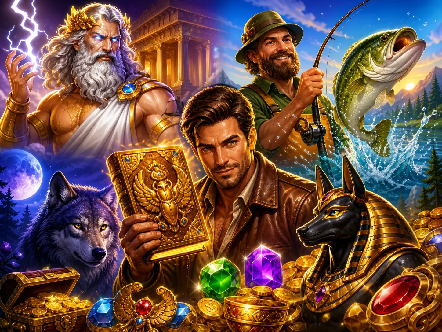 Illustration showcasing characters and environments from fantasy, adventure-themed slot games with vibrant colors and cinemat