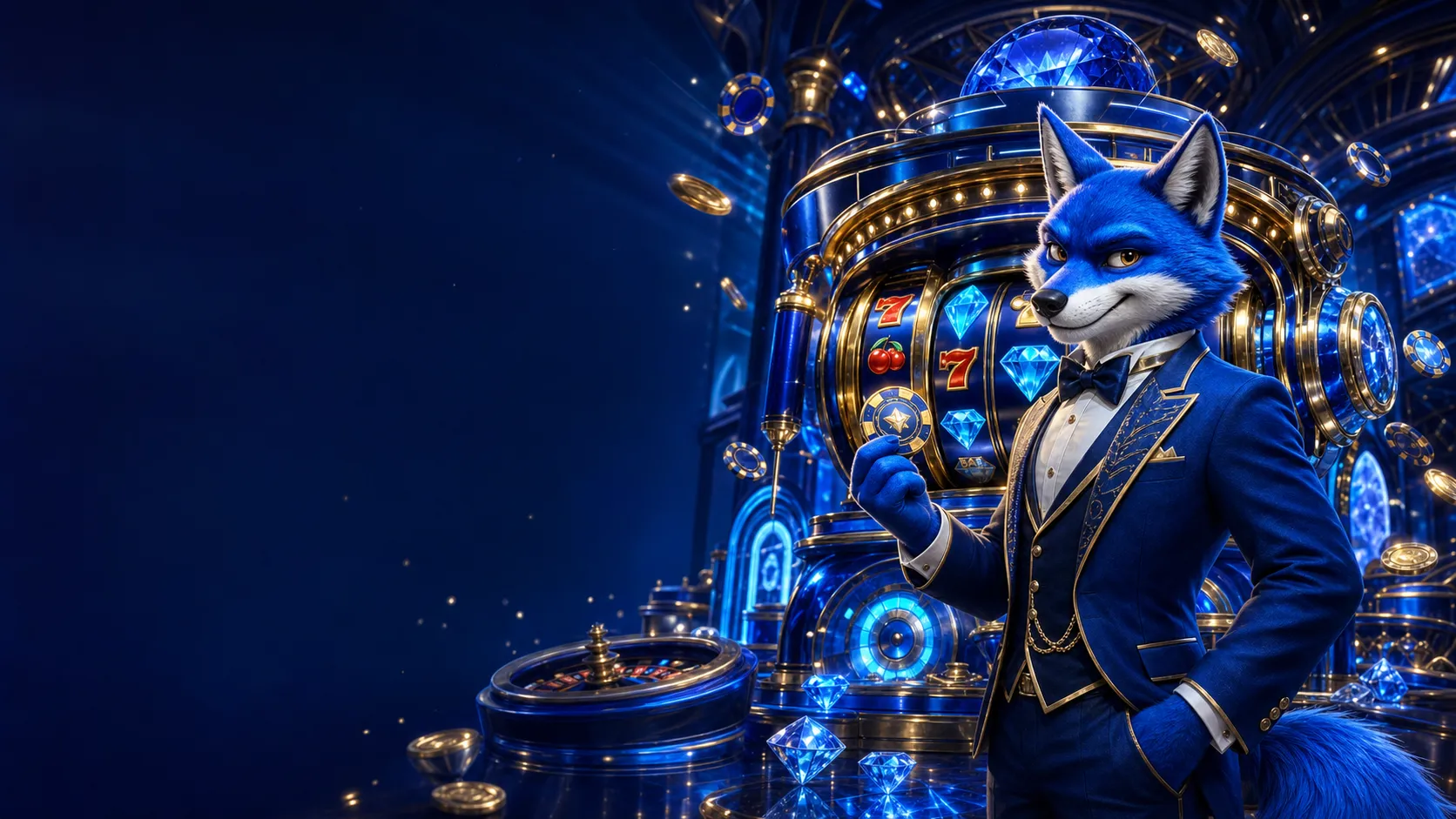 Futuristic Winnita casino scene with a blue fox mascot and luxurious slot machine against a dark blue gradient.